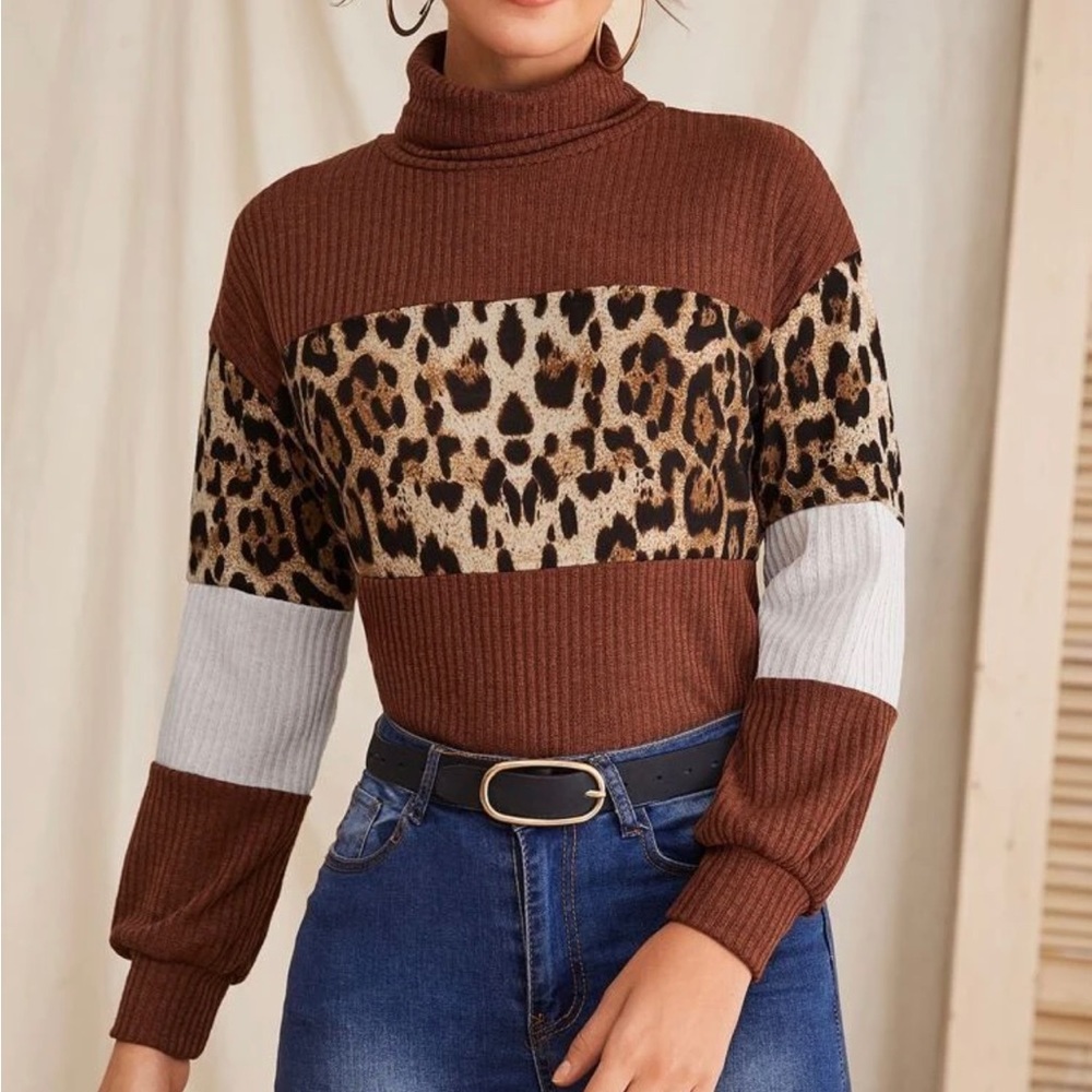 Rolled Neck Leopard Print Long Sleeve Panel Color Block Sweater Turtleneck